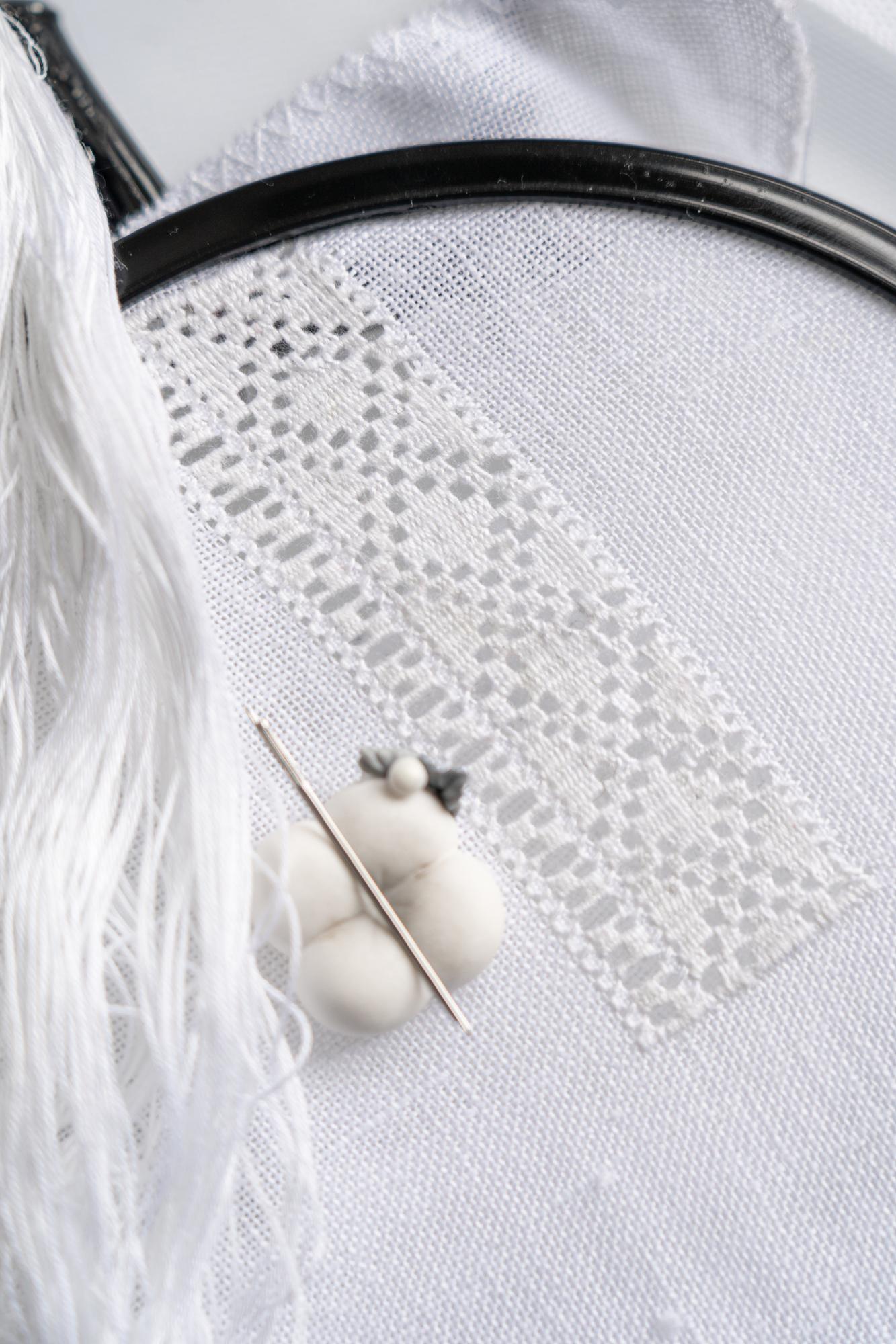Close-up floral embroidery on linen